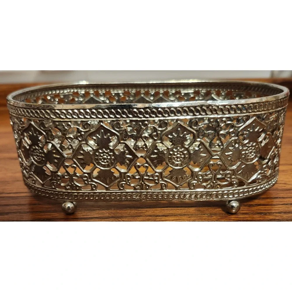 Vintage Silver Tone Filigree Oval Basket Decorative Metal Vanity Caddy 6 Inch